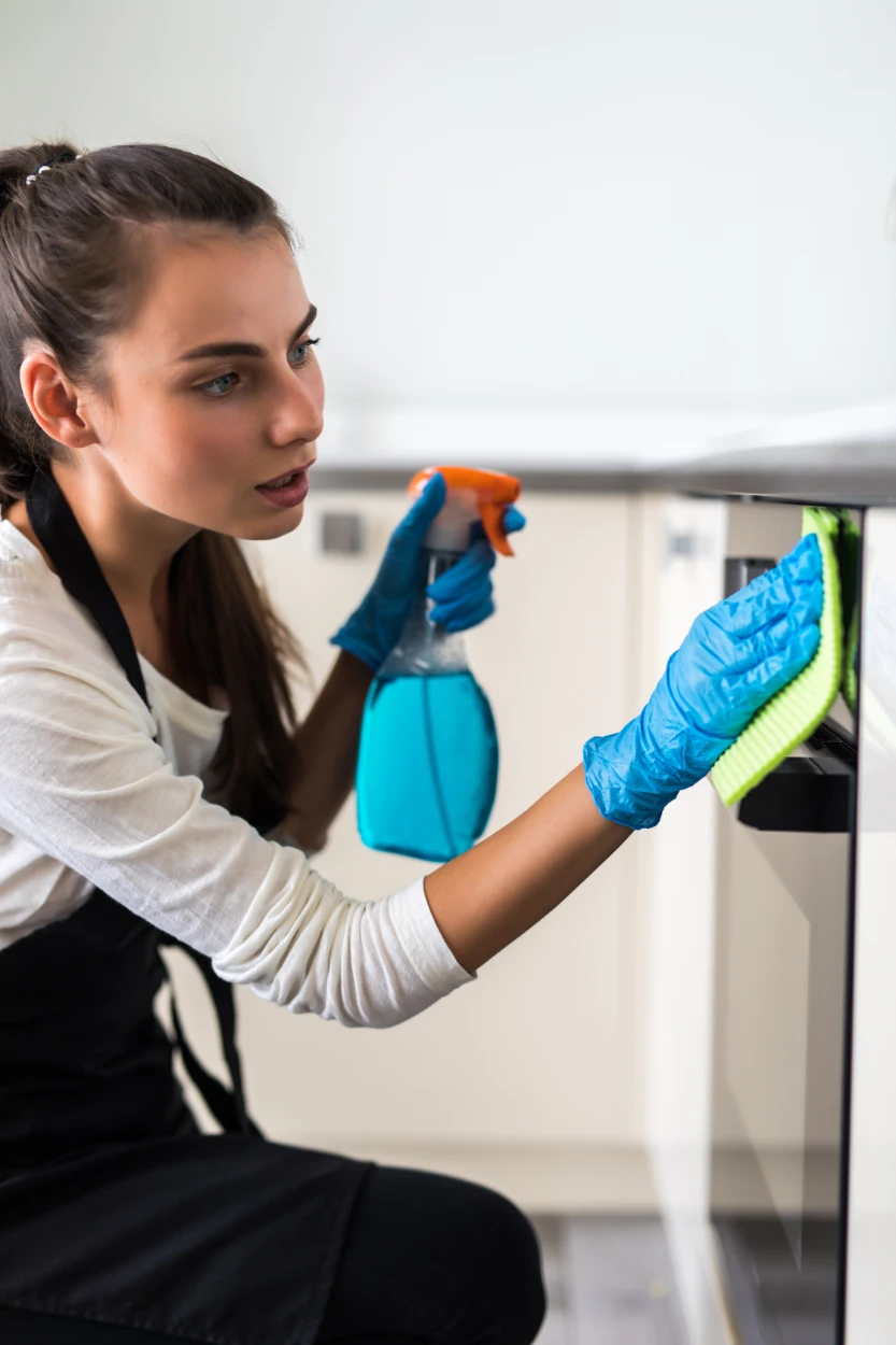 smiling young woman housewife cleaning oven