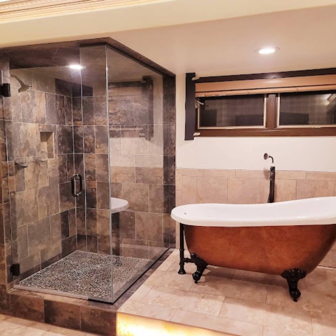 Bathroom after cleaning with a marble tub