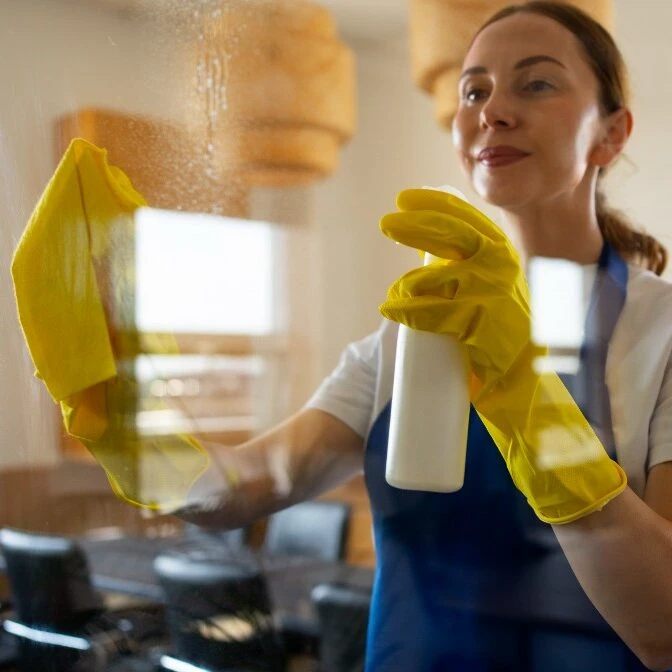 a cleaning lady cleaning office window in Denver.CO