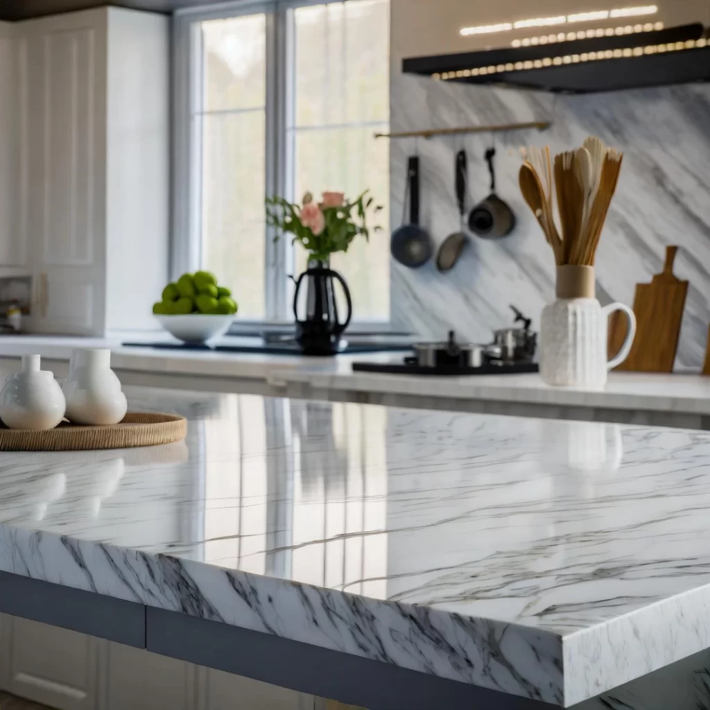 White marble tabletop in an elegant, modern kitchen background